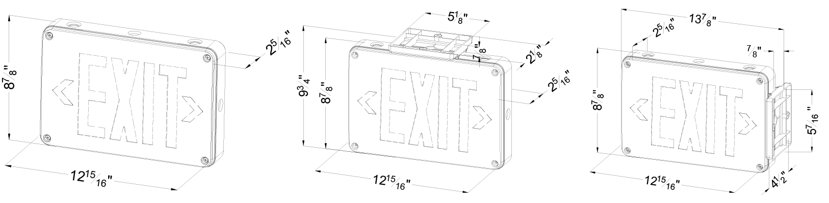 Universal Red/Green Wet Location LED Exit Sign |  Exterior Wall, Ceiling, & Side Mount Dimensions