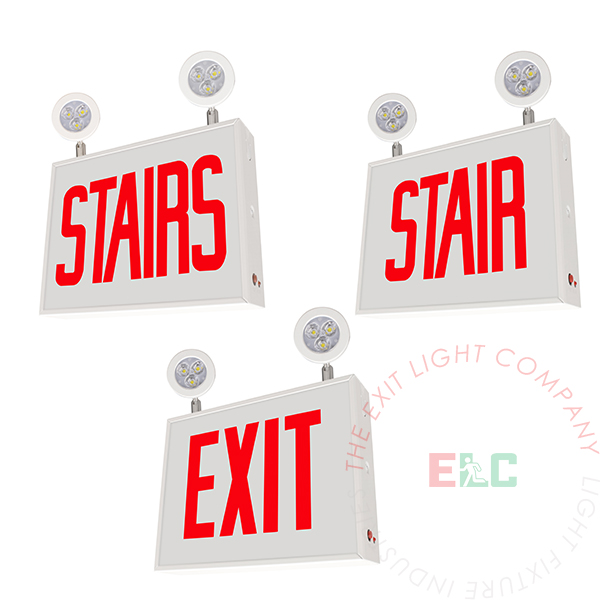 Red LED Chicago Approved Combo Exit Sign | Adjustable Lamp Heads | EXIT, STAIR, and STAIRS Faceplate