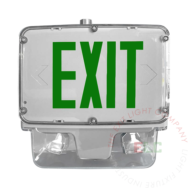 The Exit Light Co. - Hazardous Location Rated Green LED Combo Exit Sign | Class 1 Division 2 | Adjustable Head Lamps