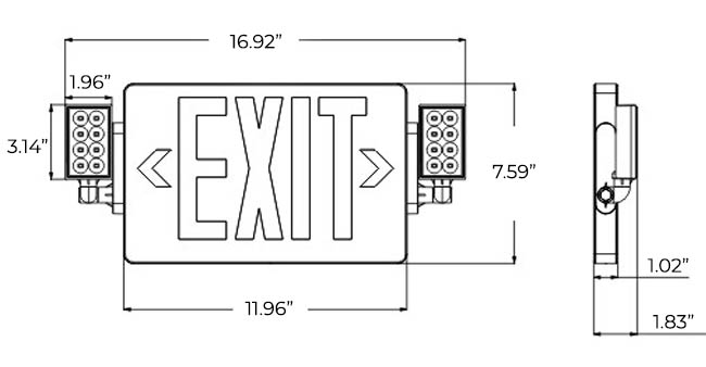 Red LED Thin Exit Light Combo | Fully Adjustable Lamp Heads Dimensions