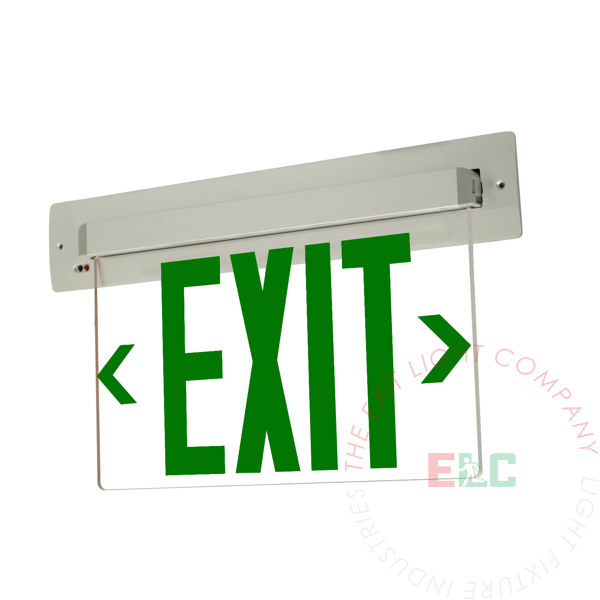 Edge Lit Green LED Exit Sign | Recessed Mount Assembly | Ceiling Installation | Fixed Angle