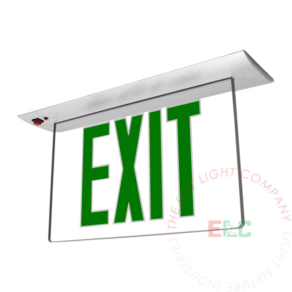 Edge Lit Green LED Exit Sign | Recessed Mount Assembly | Ceiling Installation | Fixed Angle