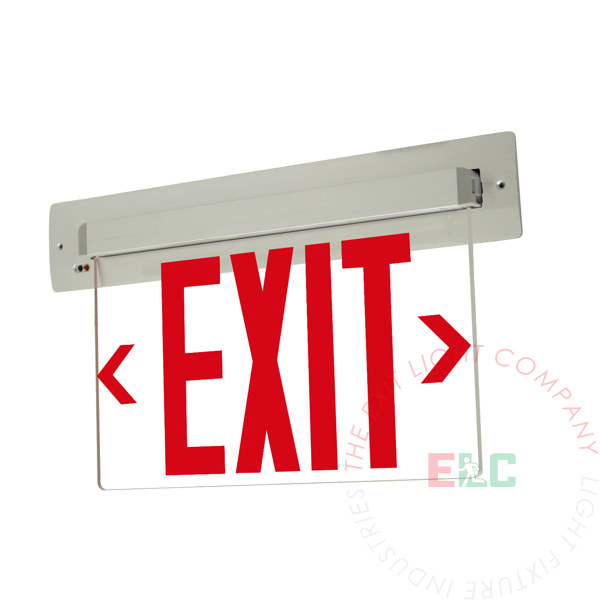 Edge Lit Red LED Exit Sign | Recessed Mount Assembly | Ceiling Installation | Fixed Angle