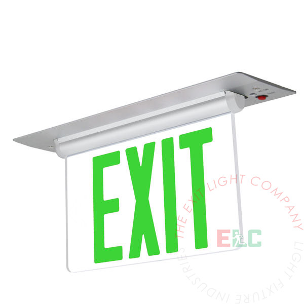 The Exit Light Co. - Edge Lit Green LED Exit Sign | Ceiling and Wall Recessed Mount Assembly | Adjustable Angle