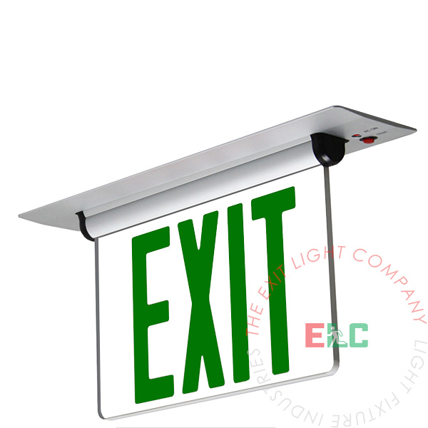 Edge Lit Green LED Exit Sign | Ceiling and Wall Recessed Mount Assembly | Adjustable Angle