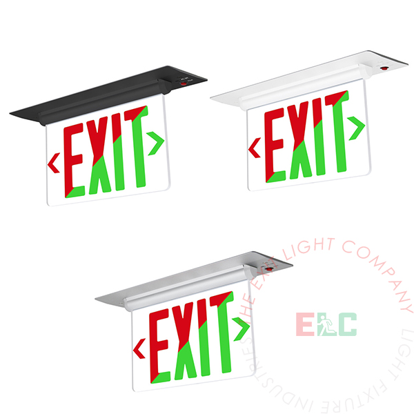 Edge Lit Universal Red/Green LED Exit Sign | Ceiling & Wall Recessed Mount | Adjustable Angle