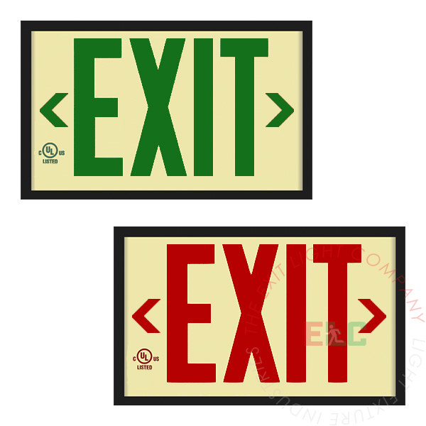 The Exit Light Co. - 50' View Photoluminescent Exit Sign | Rigid Plastic Base | Red or Green Lettering | Black Frame