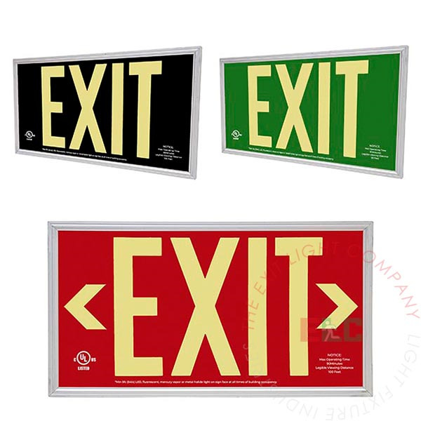 Aluminum Photoluminescent Exit Sign | Red, Green & Black | 50', 75', and 100' Viewing Distance