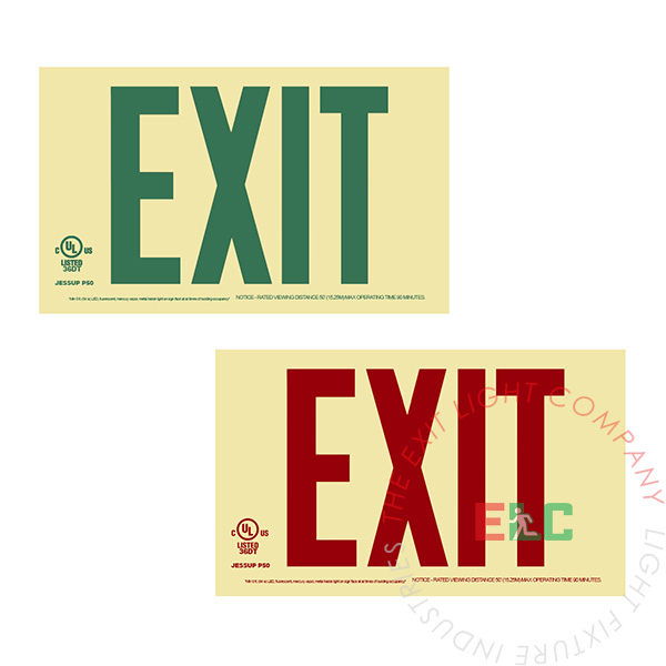 50' View Photoluminescent Exit Sign - Rigid Plastic Base | Red or Green Lettering