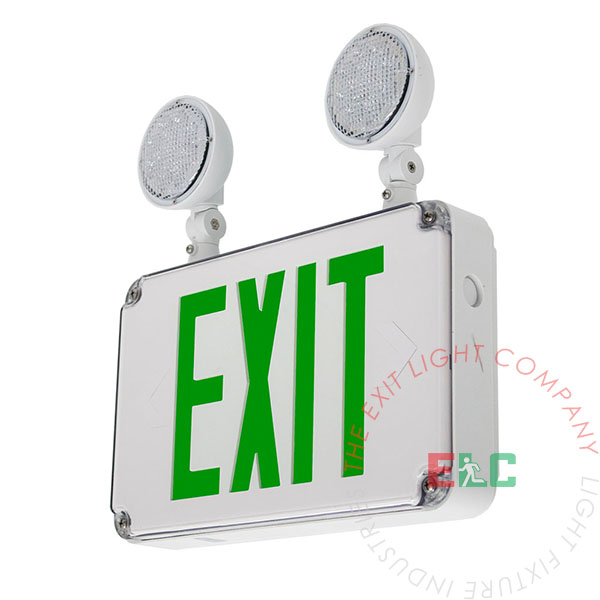 Wet Location Combo Green Exit Sign | Round LED Lamps