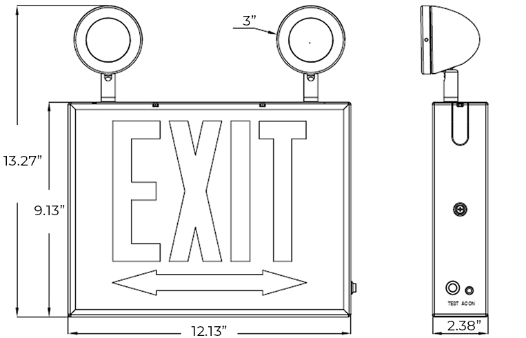 Red LED Chicago Approved Combo Exit Sign | Adjustable Lamp Heads | EXIT, STAIR, and STAIRS Faceplate Dimensions