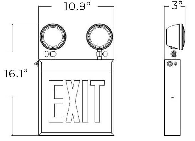 Red LED Chicago Approved Combo Exit Sign | Adjustable Lamp Heads Dimensions