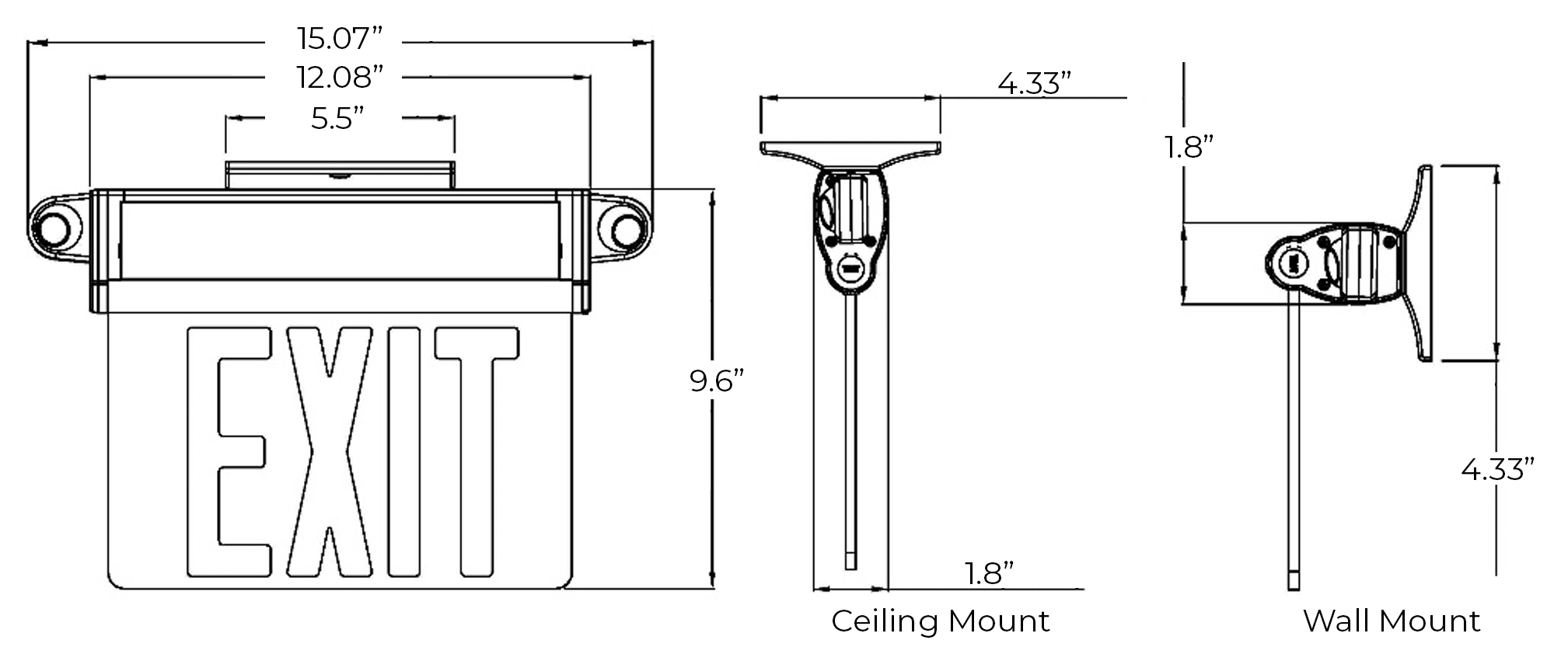 Edge Lit Universal Red/Green LED Combo Exit Sign | Adjustable Angle | Wall, Ceiling, and Side Mount Dimensions