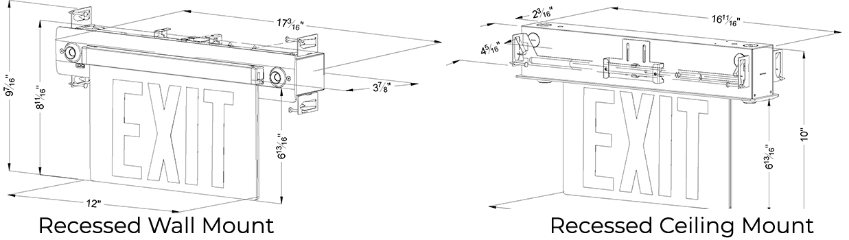 Combo Red Edge Lit LED Exit Sign | Recessed - Ceiling and Wall Mount | Adjustable LED Lamps Dimensions