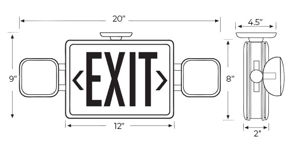 Large Green LED Exit Light Combo | 180° Adjustable Head Dimensions