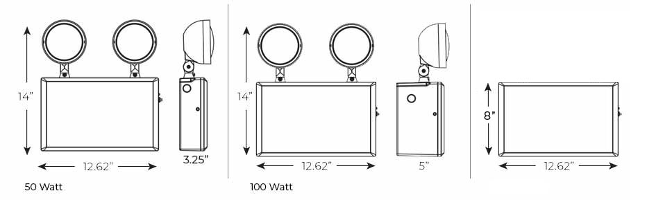 Remote Head Capable Industrial Emergency Light | 12 Volt | 50 or 100 Watt | Optional Lamp Heads Dimensions