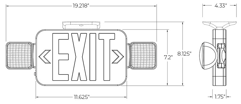 Standard Green LED Exit Light Combo | 180° Adjustable Head Dimensions