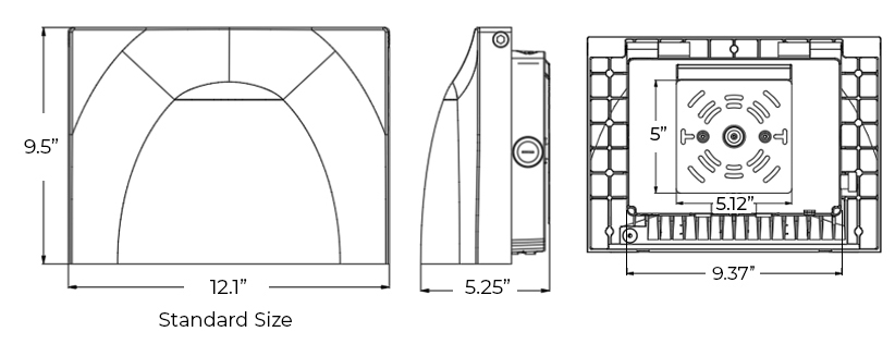 Standard Architectural LED Wall Pack Adjustable 90° Lens | 9K/13K Lumen | Fixture & Battery Backup Dimensions