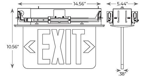 Edge Lit Red LED Exit Sign | Recessed Mount Assembly | Ceiling Installation | Fixed Angle Dimensions