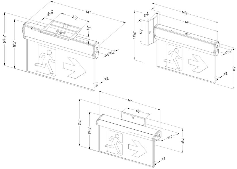 Canada Series Edge Lit LED Exit Sign | Running Man | Adjustable Angle Dimensions