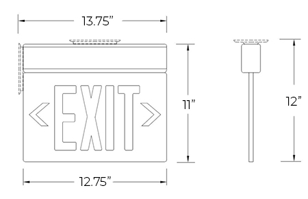 Aluminum Edge Lit Green LED Exit Sign | Surface or Recessed Mount Dimensions