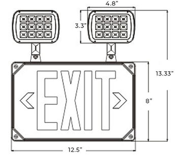 Wet Location Combo RED Exit Sign | Square LED Lamps Dimensions